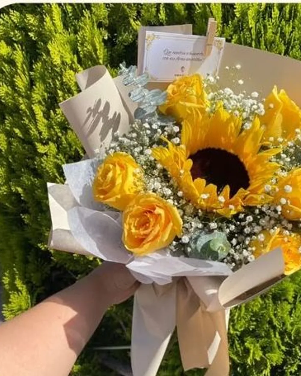 Ramo 3: Girasol + 6 rosas + gipsophilia + dólar